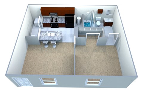 A 3D image of a small apartment with a bedroom, living room, and kitchen.